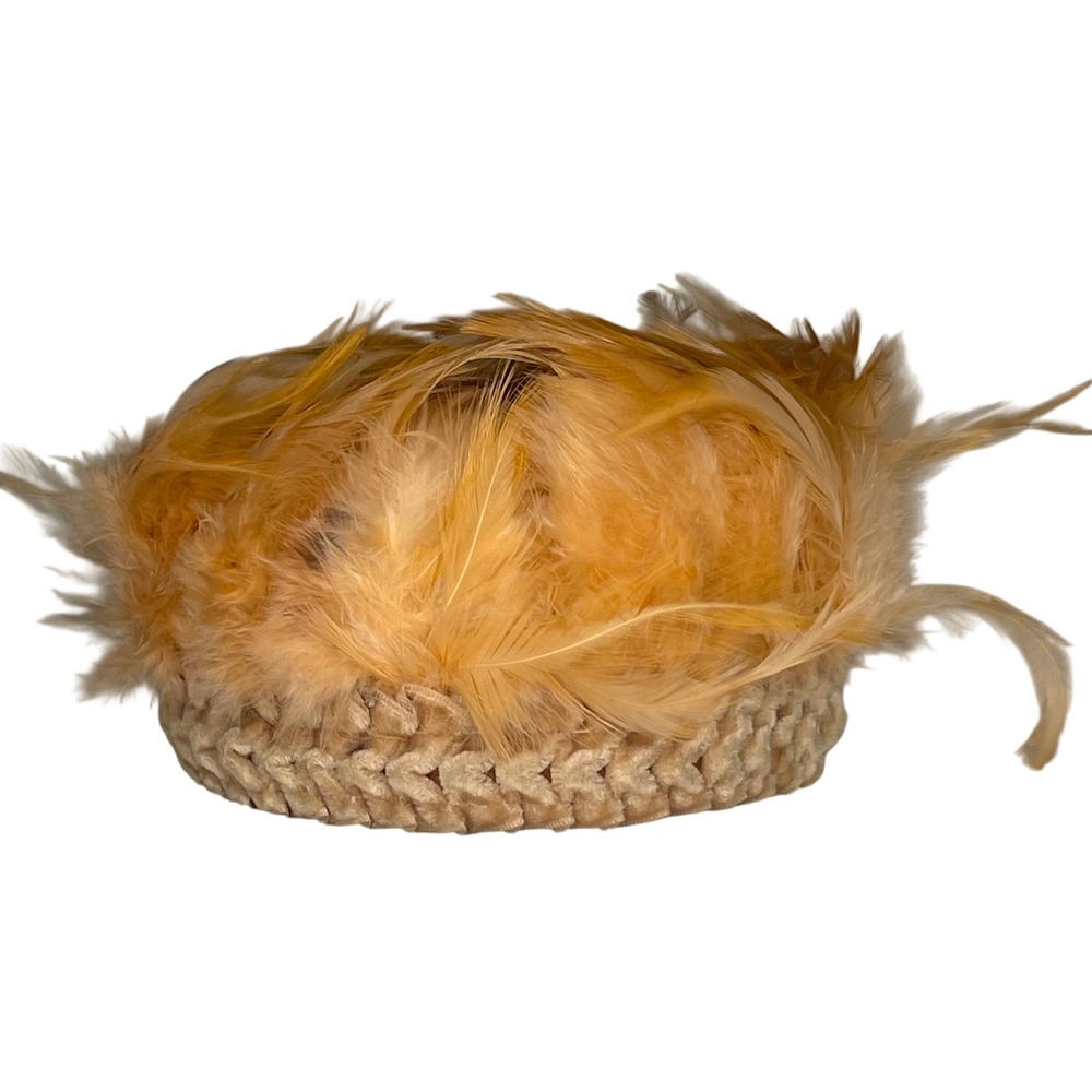 Vintage 1950's Gold Feather Toque Hat Velvet Lined Mid Century Brimless Cocktail
